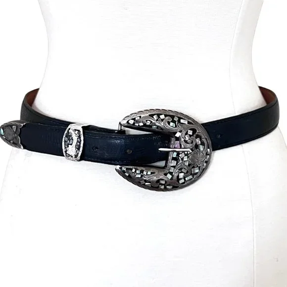 AL BERES Lizard emboss leather belt w Western MOP inlay buckle sz 26
